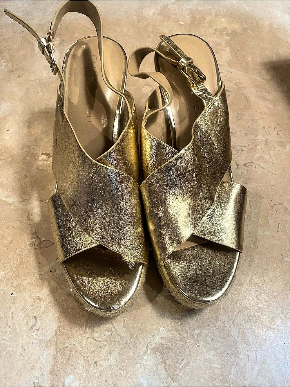 Halston Gold Leather Wedge Sandals US 9M - Picture 7 of 8